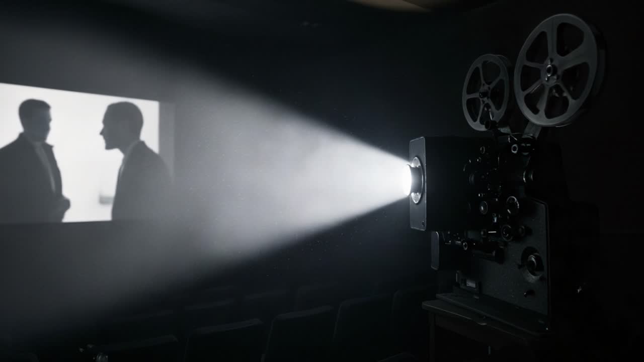 A Classic Film Projector Illuminates Vintage Scenes in a Darkened Cinema, Capturing the Art of Storytelling Through Cinematic Shadows and Light