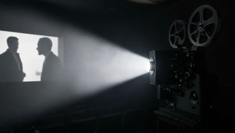 a classic film projector illuminates vintage scenes in a darkened cinema, capturing the art of storytelling through cinematic shadows and light