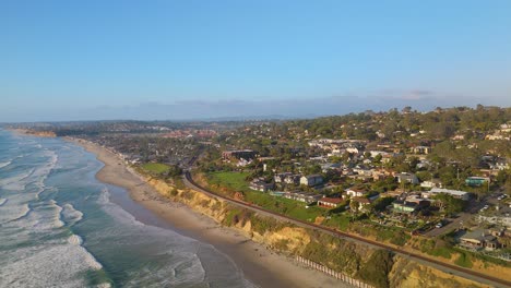 Panoramic-Aerial-View-Of-Del-Mar-Seaside-Town-At-Sunset-In-San-Diego-County,-California,-United-States