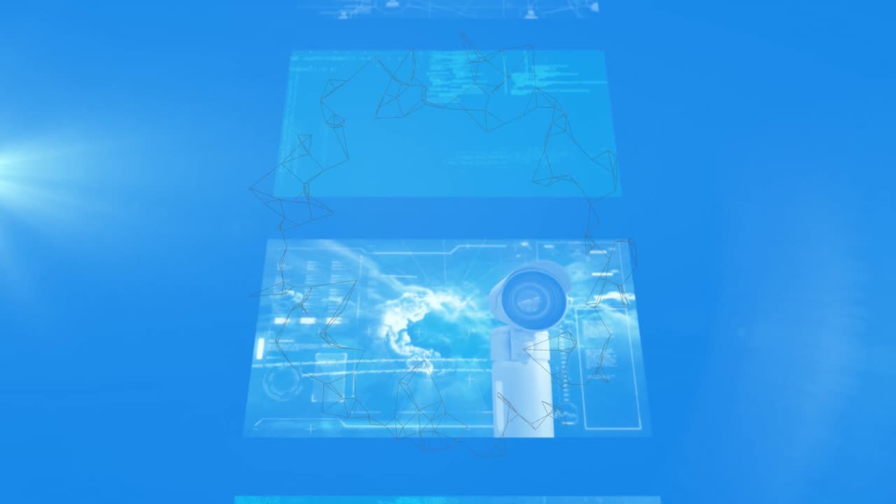 파란색 배경의 화면에서 회전하는 연결의 애니메이션과 의료 데이터 처리