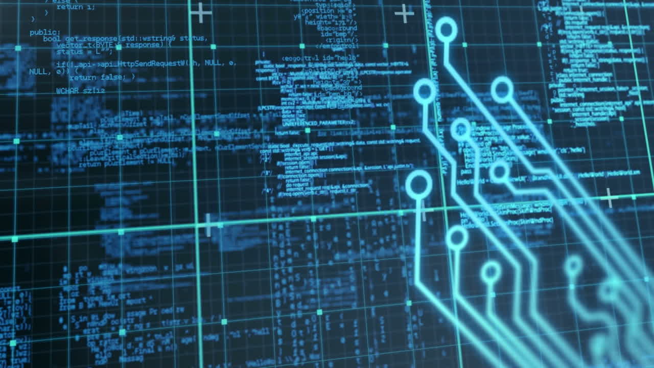 Blue data animation on circuit board depicts digital communication concept.