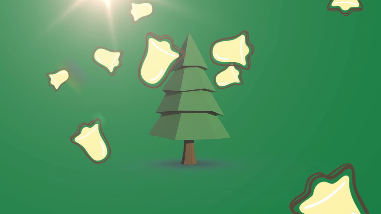 Digital animation of multiple christmas bell icons falling against christmas tree