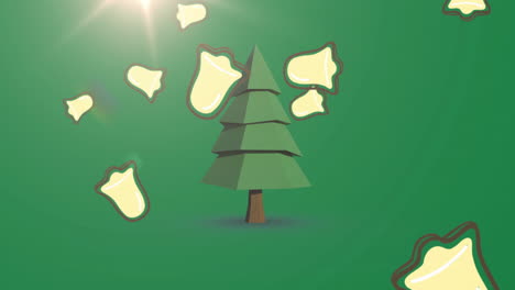 digital animation of multiple christmas bell icons falling against christmas tree