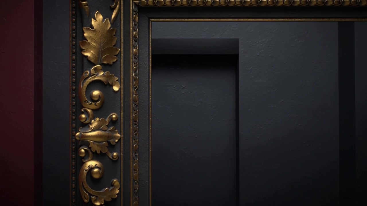 Panning camera slowly revealing ornate gilded frame at exhibition wall, showing acanthus details