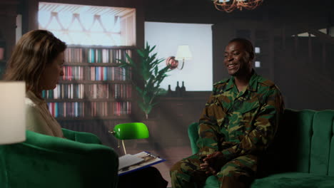 black military officer in army uniform attends counseling session