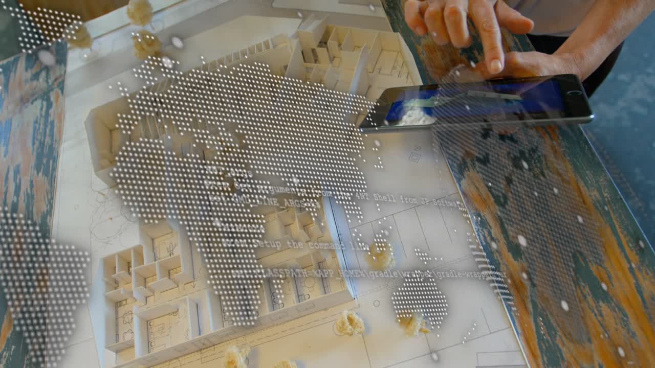 Käyttäjän kädet asettavat tabletin, käynnistävät koodin ja karttapeiton, pyörittävät 3D-suunnitelmaa ja visualisoivat solmukohtia.