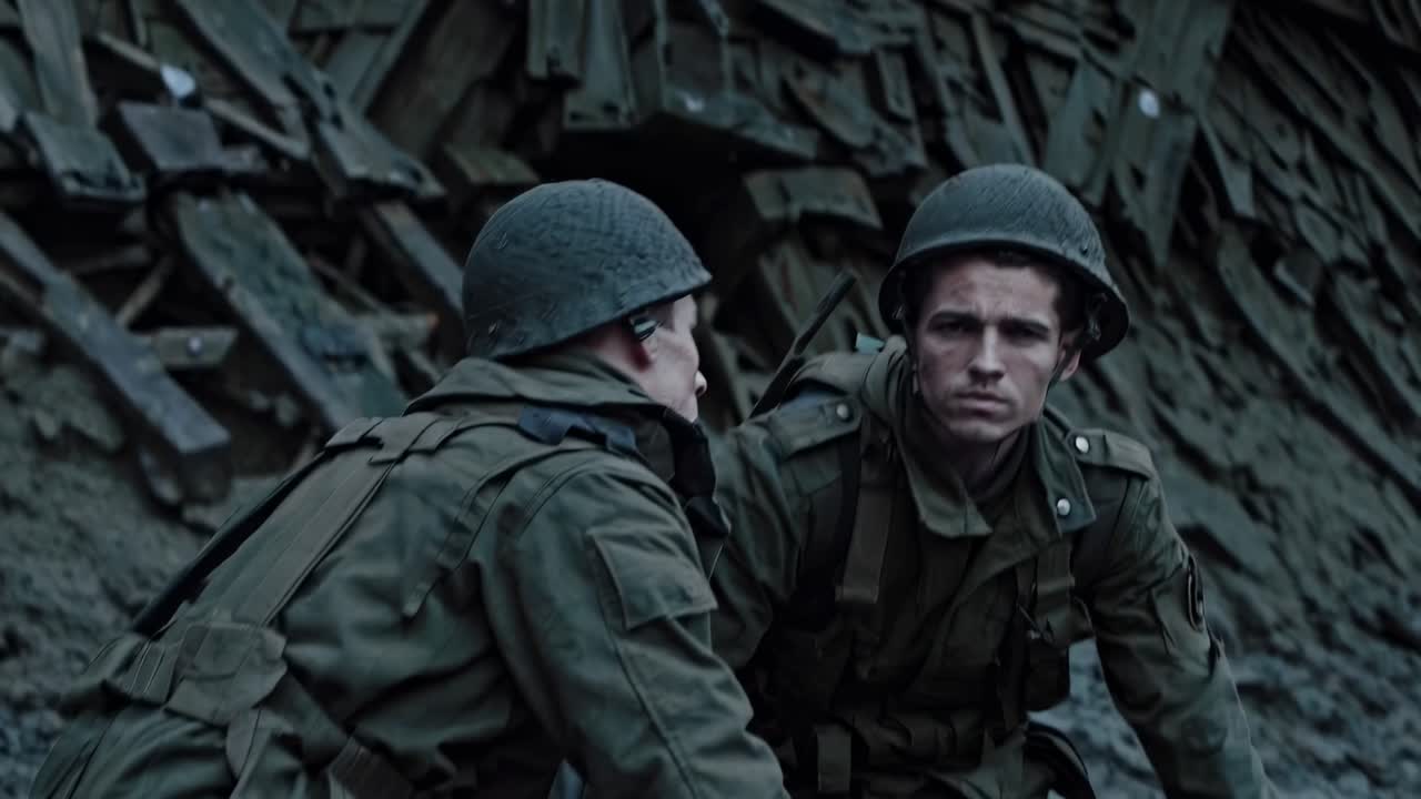 Two soldiers, crouched amidst the debris of a destroyed structure, engage in a serious discussion, their faces etched with concern as they strategize their next move