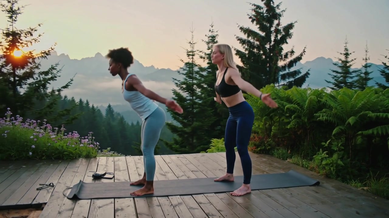 Donna in abbigliamento sportivo che guida il partner in un esercizio di squat su una terrazza in montagna, con tappetini e telefono per lo yoga.