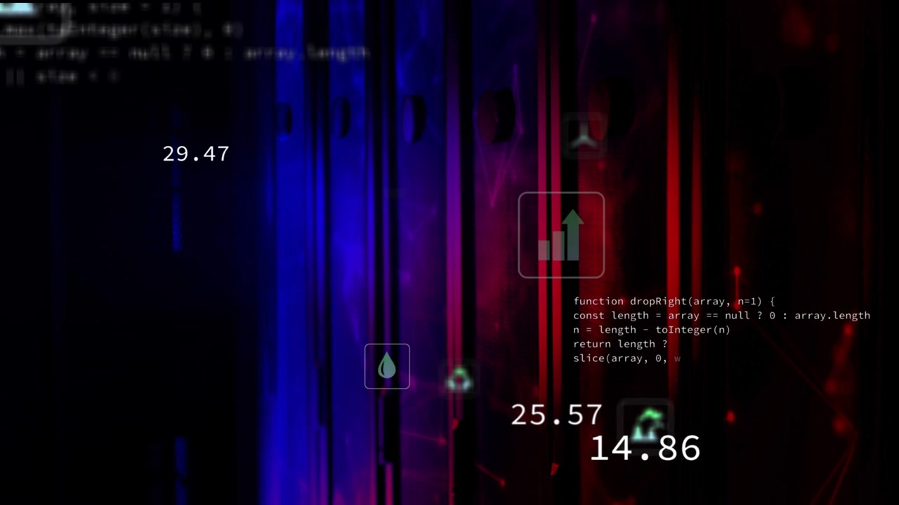 Floating data icons are shifting on dark UI with blue-red bands showing CO² droplet metrics+code