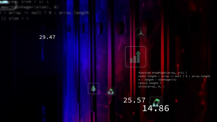 Floating data icons are shifting on dark UI with blue-red bands showing CO² droplet metrics+code