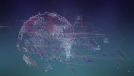 animation of network of connections with globes over blue background