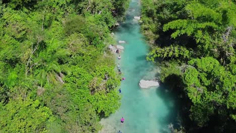 grupo de senderismo a lo largo de un área fluvial de humedales en el pantanal brasileño - vista aérea