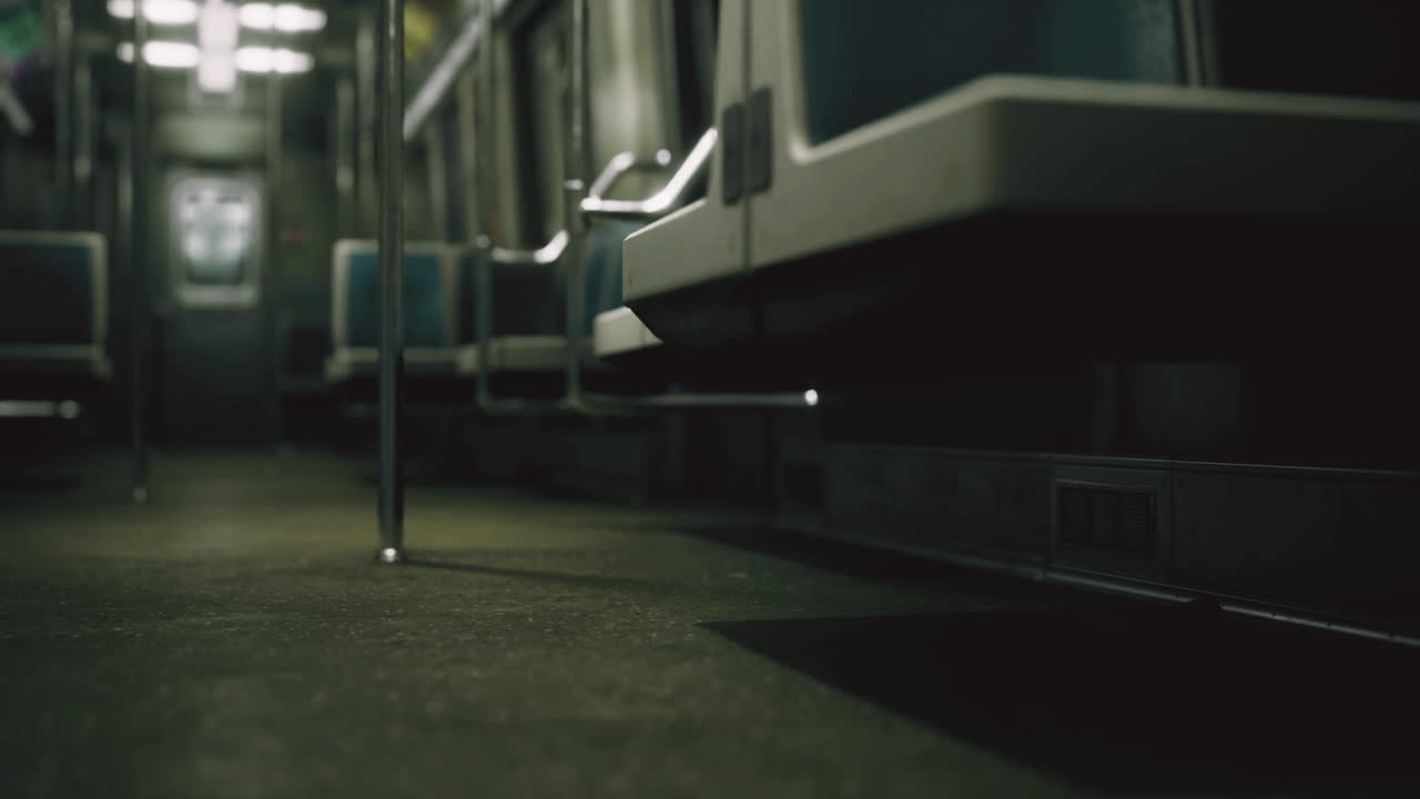 Subway interior showing empty seats and dim lighting in urban environment