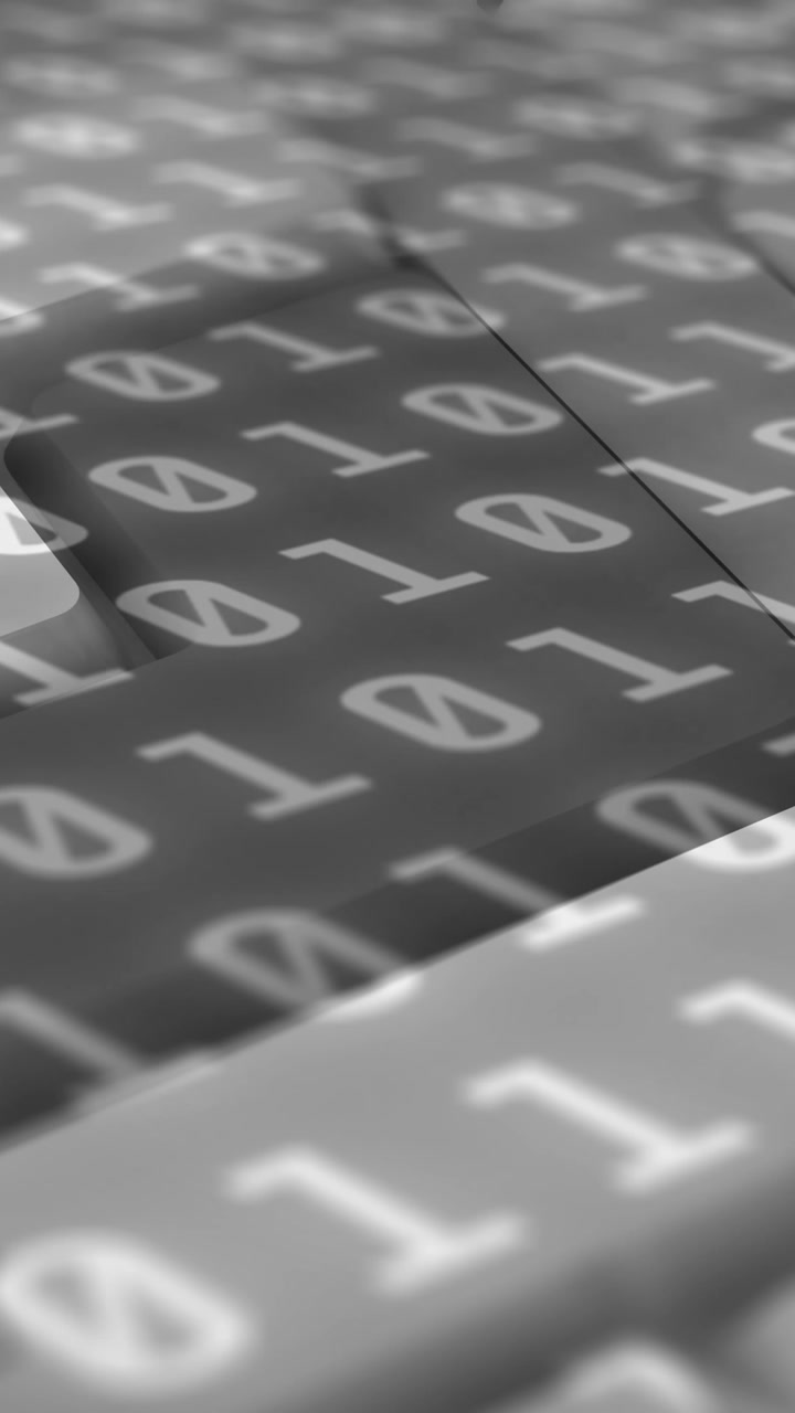 Animation of binary coding over computer keyboard on grey background