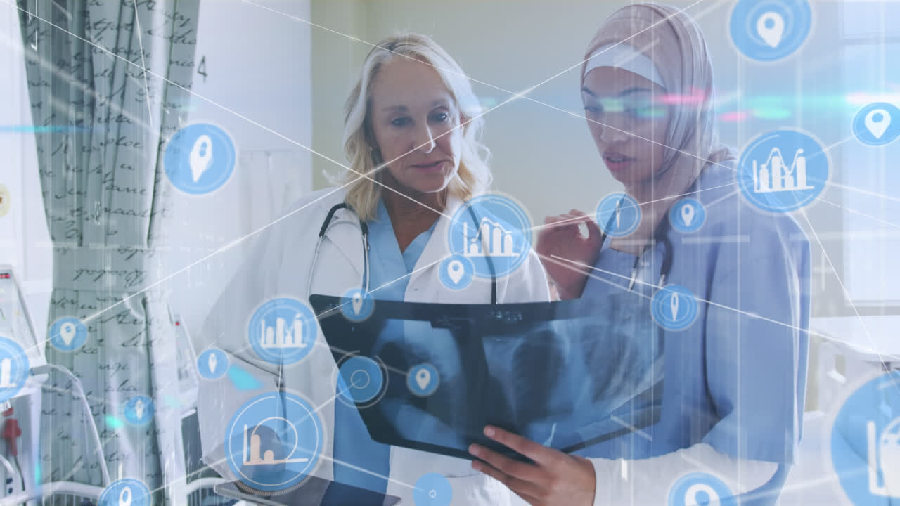 animación de conexiones a través de luces y diversas mujeres doctores