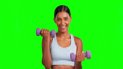 pantalla verde, cara o mujer feliz con pesas