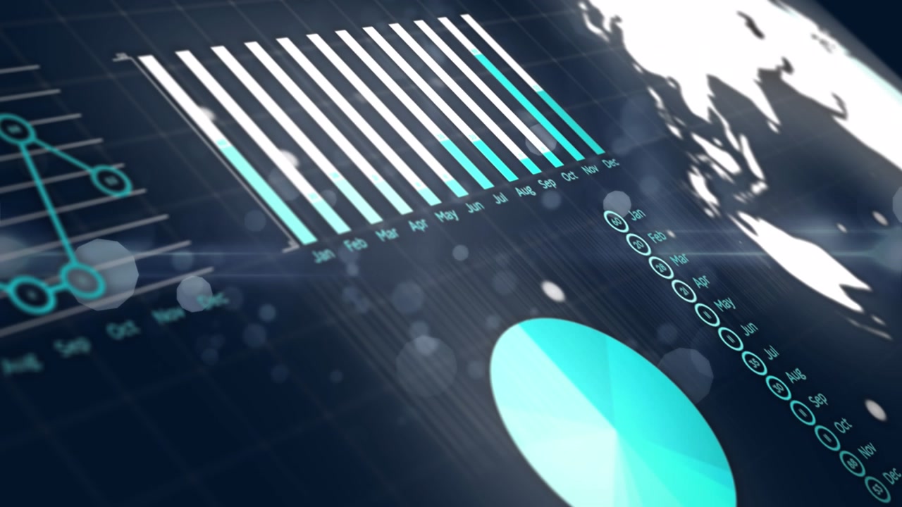 Interface with statistical data processing over spots of light floating against blue background