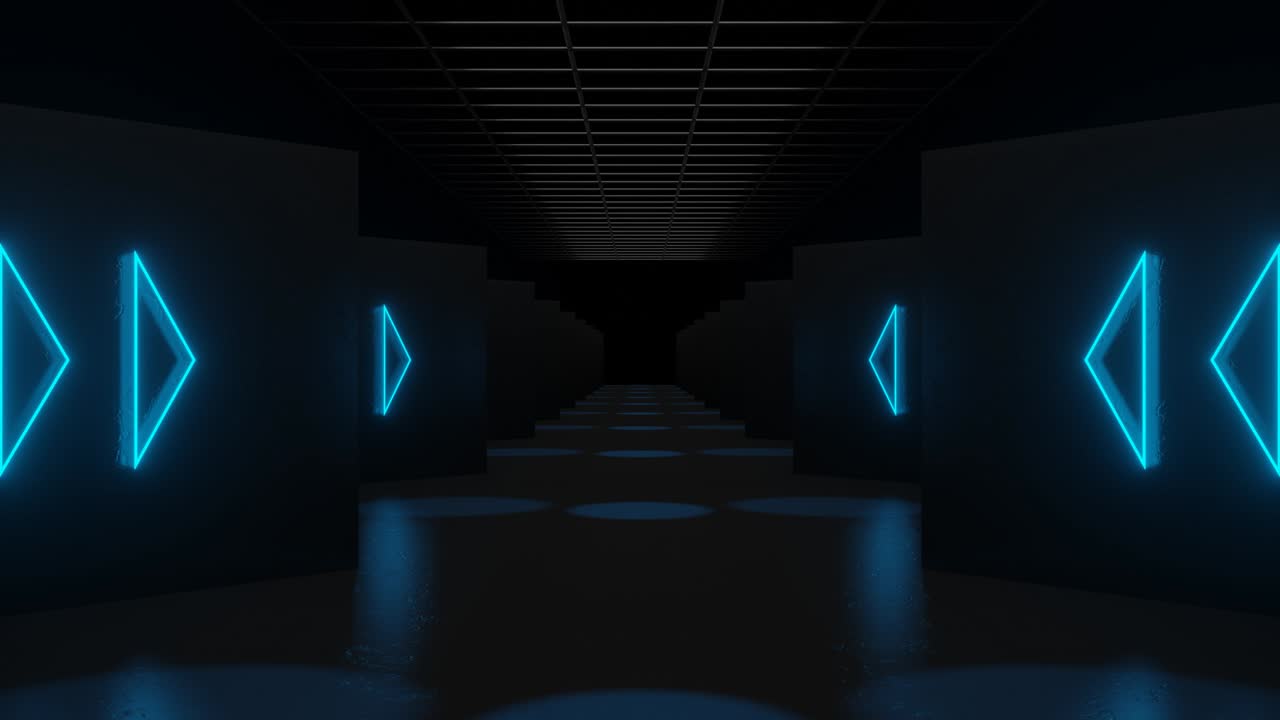 escenario oscuro con señales de flecha de neón en las paredes. túnel de bucle sin costuras abstracto con elementos brillantes de neón