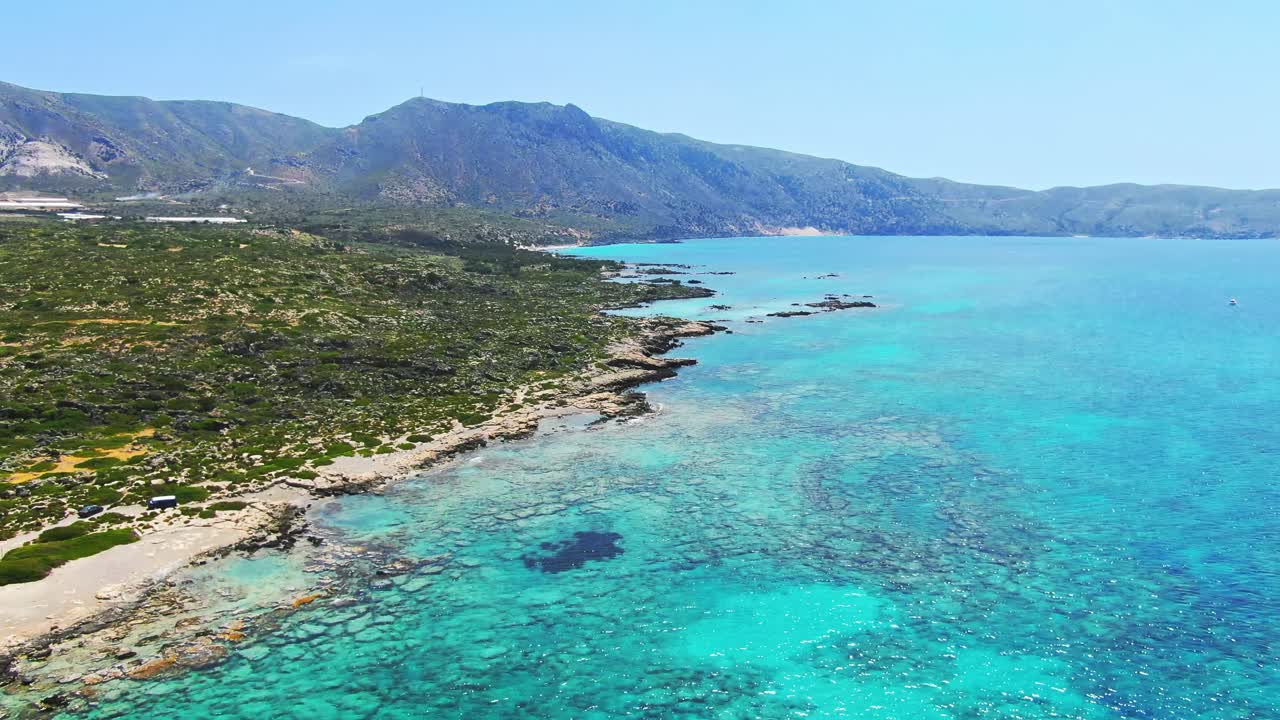 Aerial shot over turquoise water, Elafonissi Beach, Crete, Greece