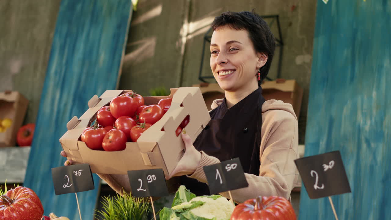 Woman Selling Fresh Tomatoes at Farmer's Market