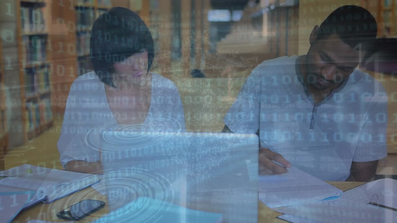 Animation of data processing over business people using phone headsets