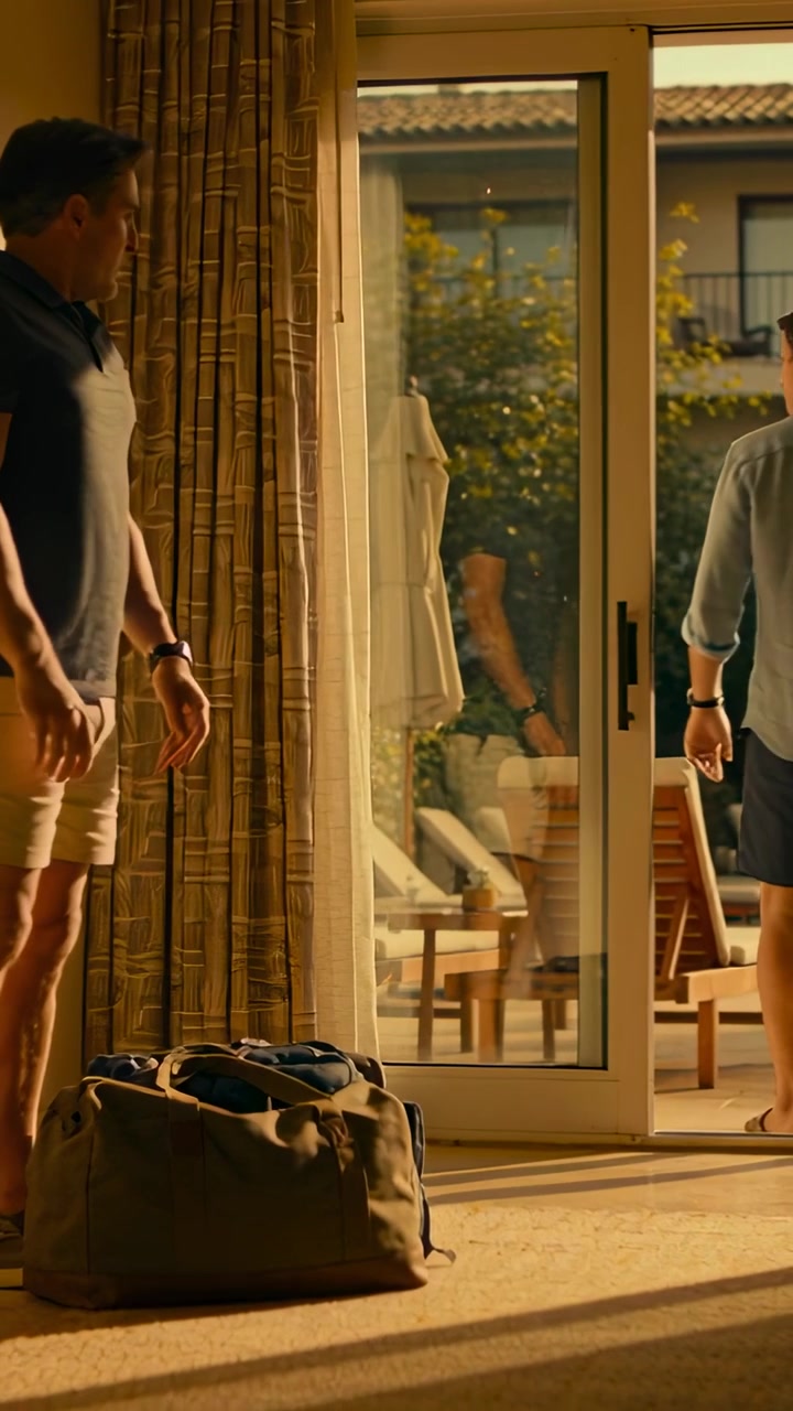 Vertical video: Packing duffel bag, two male friends moving toward glass door to patio, in shorts
