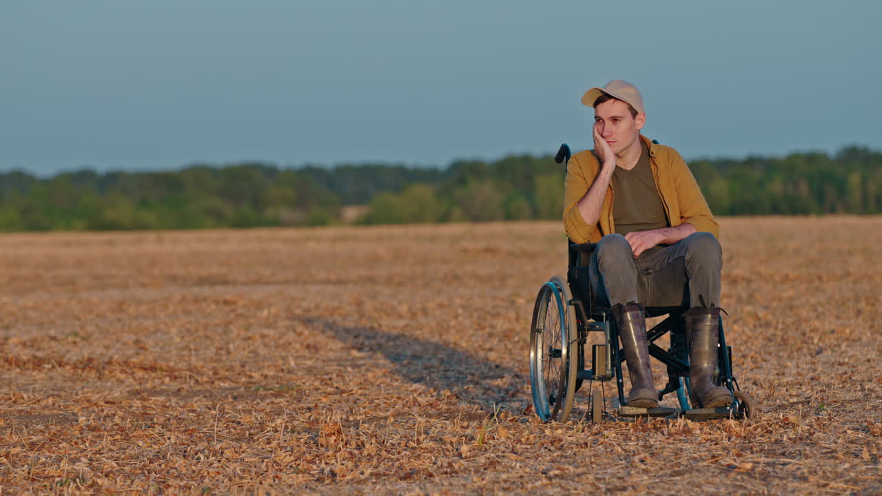Man i rullstol på ett fält vid solnedgången