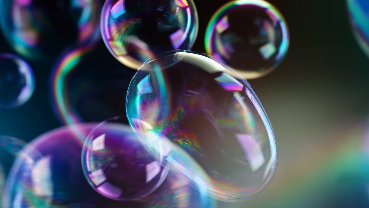 Iridescent Soap Bubbles Floating In Macro, Colorful Reflections And Rainbow Hues On Translucent Spherical