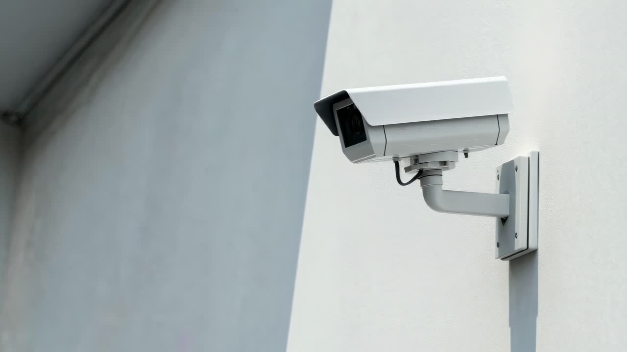 Minimalist side view of a white security camera on a plain wall, capturing video surveillance