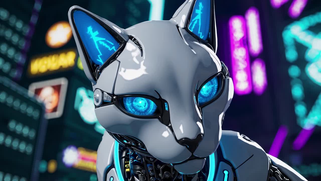 Cybernetic Cat Robot in Futuristic City