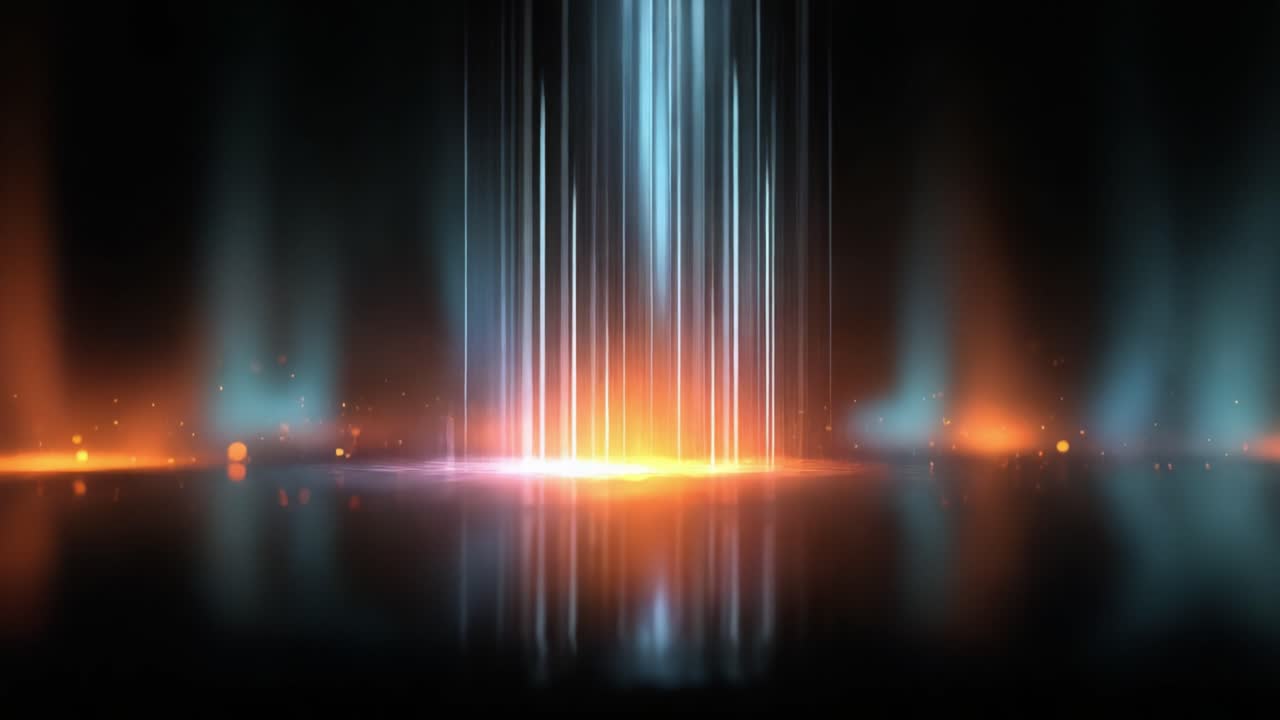 Dynamic Abstract Background Featuring Vibrant Light Beams and Colorful Particles in a Dark Environment, Evoking Energy and Movement in Visual Composition