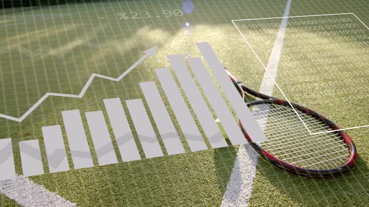 Projected data overlays initiating growth, moving toward racket and ball, analysing shot metrics