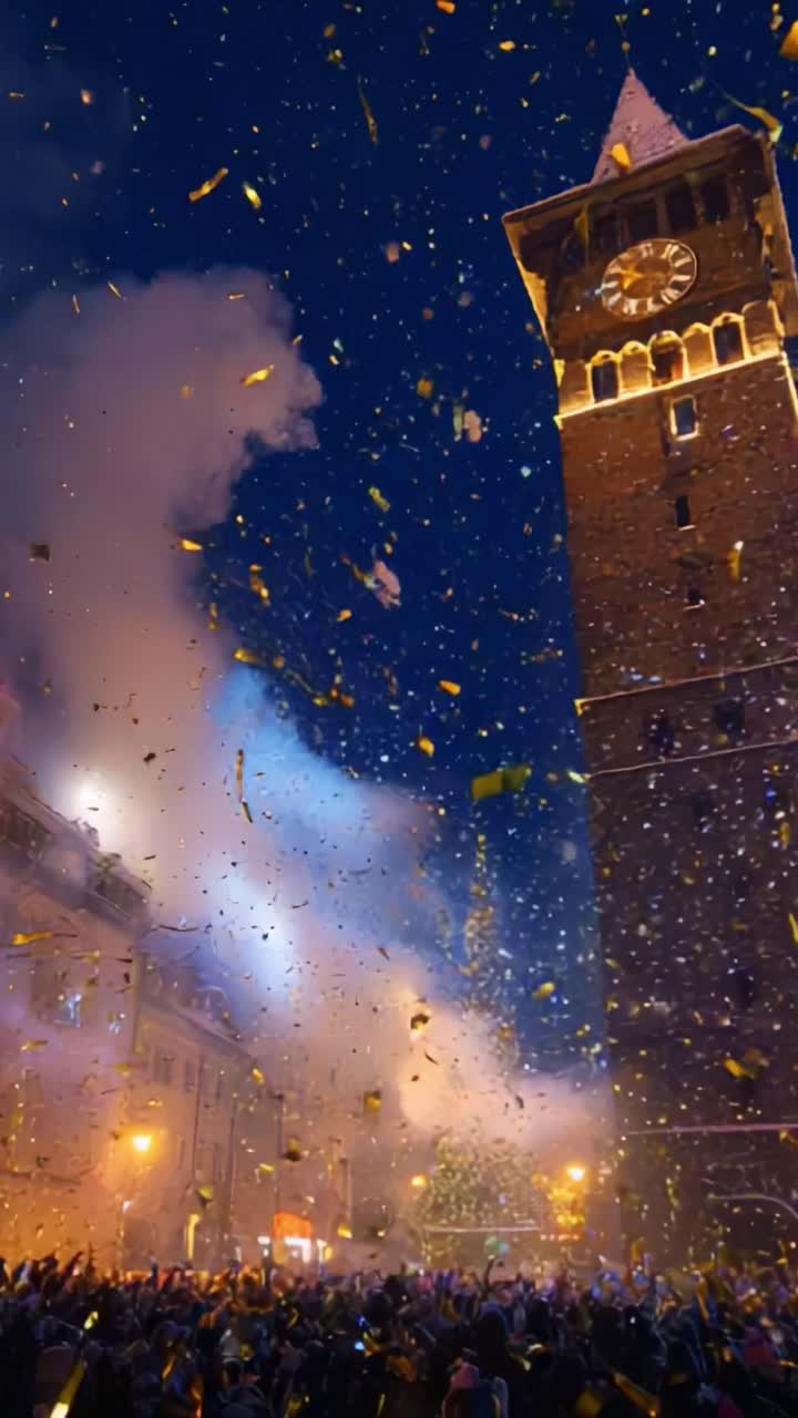Celebration at Night with Fireworks and Confetti Surrounding a Historic Clock Tower, As a Bright Christmas Tree Illuminates the Festive Atmosphere and Joyful Crowd Below in a Thrilling Display of Light