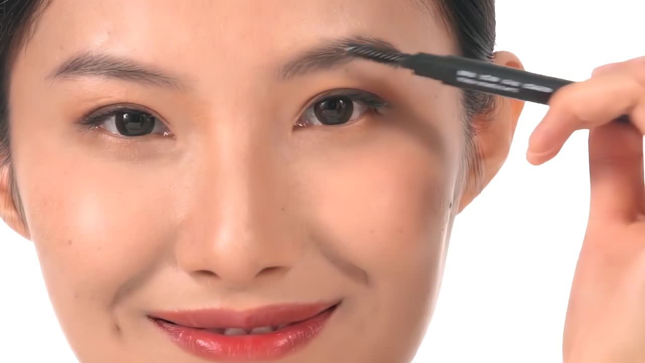 Beautiful young woman professional make-up applying eyeshadow powder, using eyebrow brush