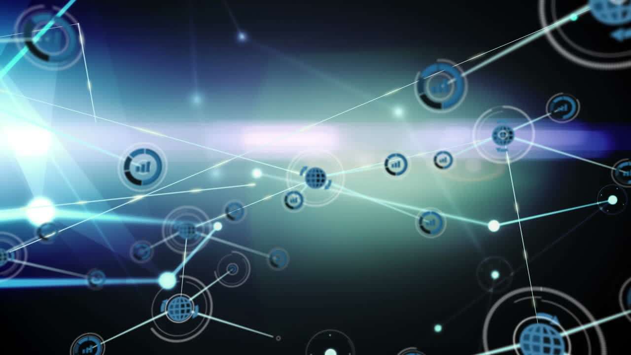 animación de la red de conexiones e íconos digitales contra puntos de luz sobre un fondo negro.