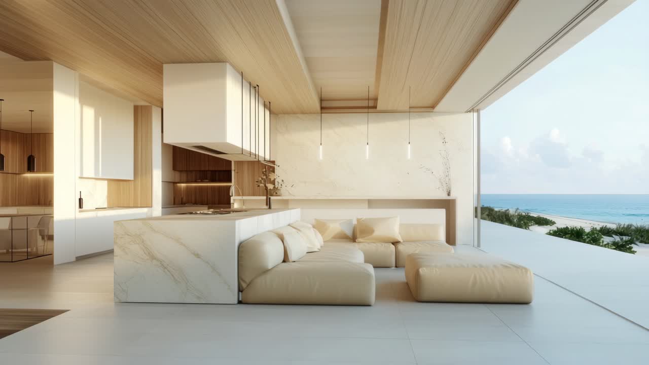 Modern open-plan living room with beach view, shot from a low angle