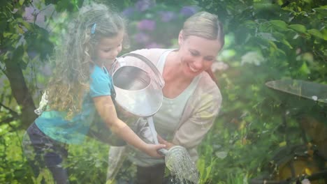 Lichtflecken-Gegen-Kaukasische-Mutter-Und-Tochter,-Die-Pflanzen-Im-Garten-Gießen