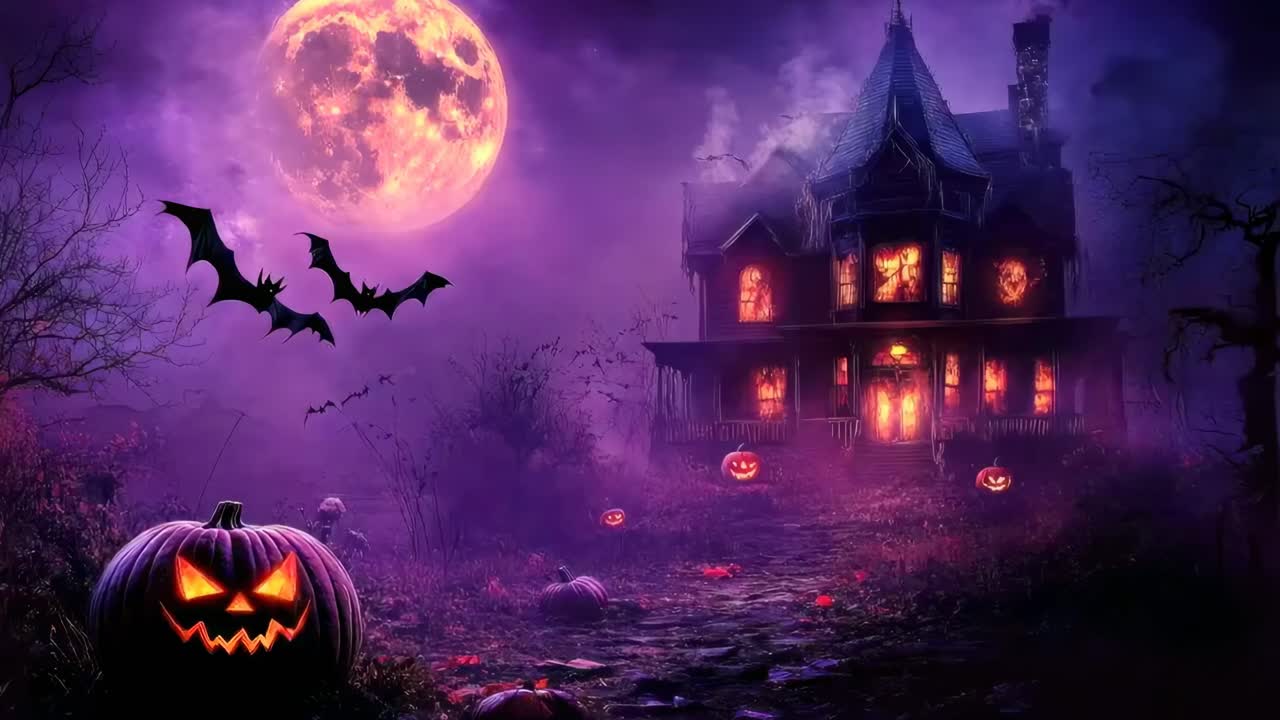 Spooky Halloween scene with jack-o'-lanterns and haunted houses under a full moon