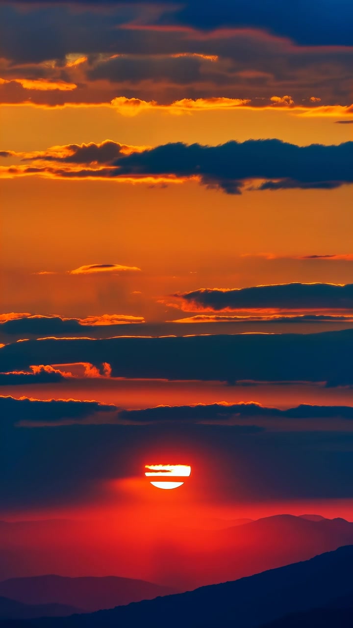 Lebhafte orange- und goldfarbene Sonnenuntergangswolken füllen den Himmel, mit der Sonne tief am Horizont, während ein dunkler Gebirgskamm eine markante Silhouette am unteren Rand bildet.
