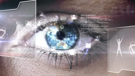 animation of woman eye ball scanning globe with people icons and digital display with human anatomy