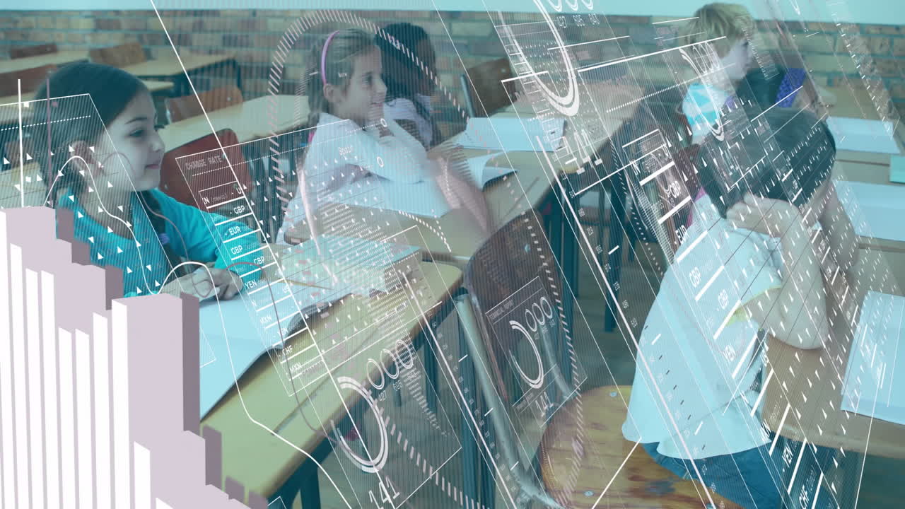 In school, children learning with digital data processing animation in classroom