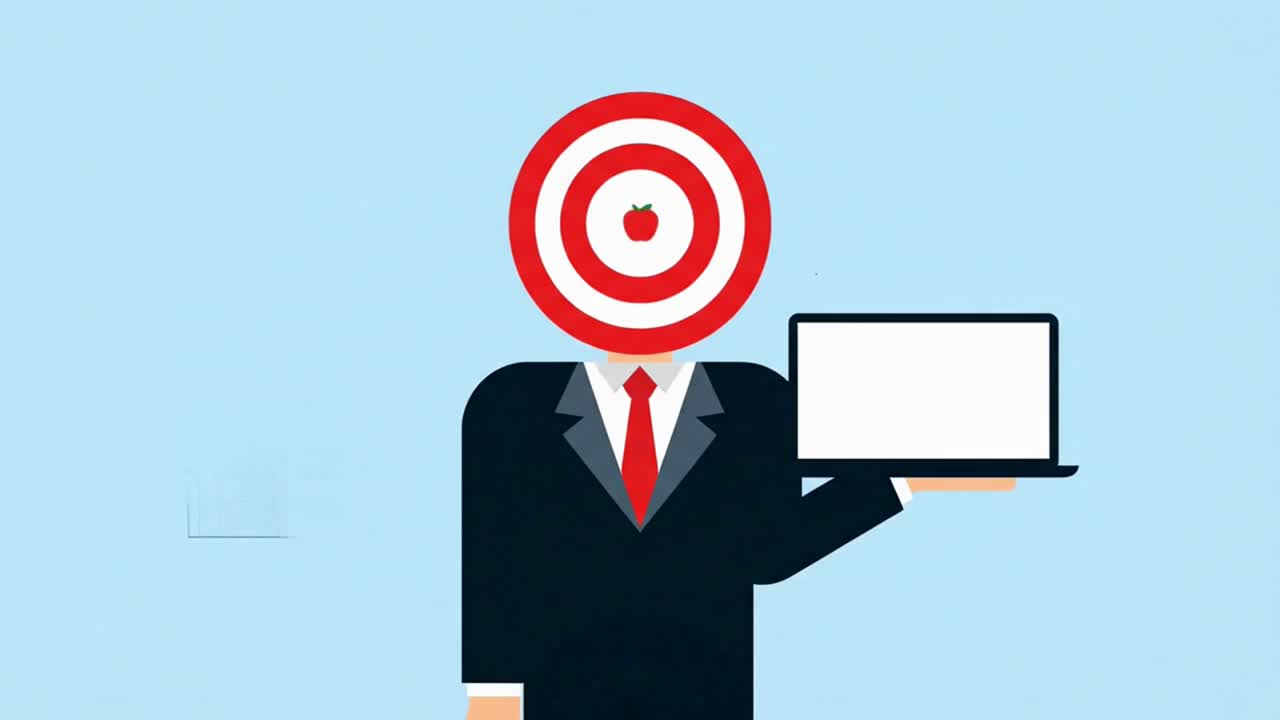 Businessman with a Target for a Head Holding a Laptop