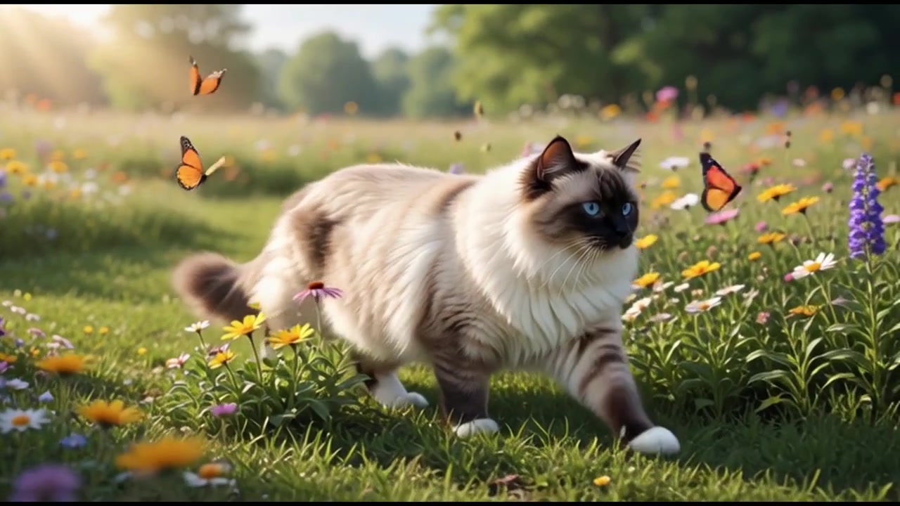 Kucing Ragdoll Berjalan Melintasi Padang Rumput Bunga Liar yang Cerah dengan Kupu-kupu