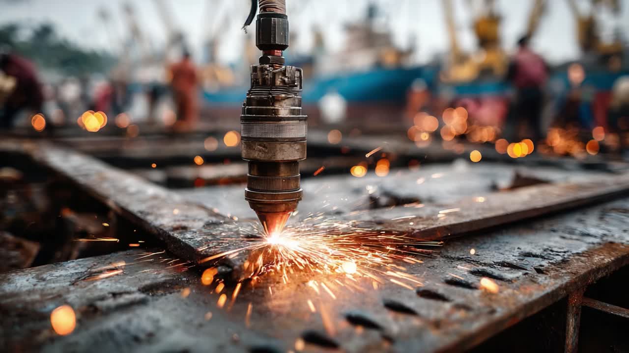 Uma exibição fascinante de metalurgia: faíscas voam quando um maçarico entra em contato com o aço, mostrando a arte e a energia da fabricação industrial de metal