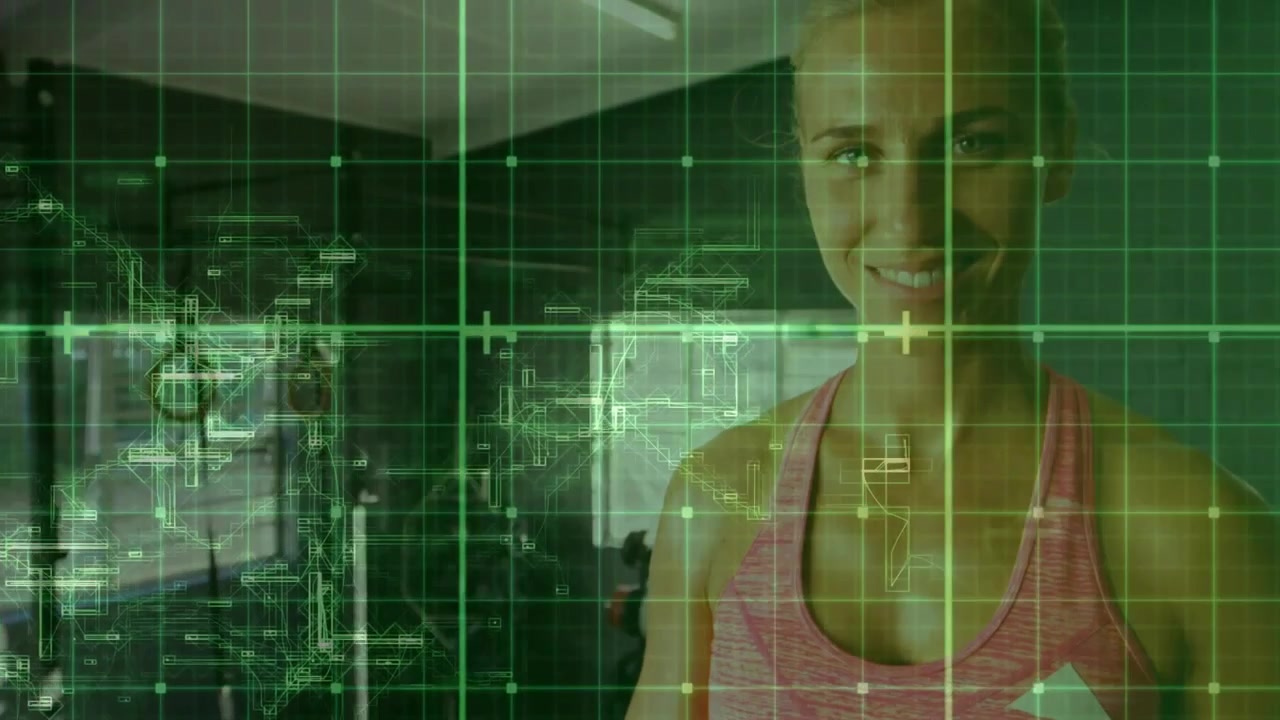 Camera panning, pink tank woman adjusting hands, smiling while prepping, HUD grid tracking rings