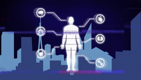 Animation-of-data-processing-over-human-body-with-medical-icons-over-city-on-black-background