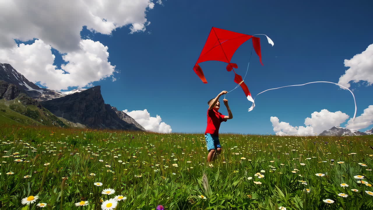 Boy Flying a Kite in the Mountains