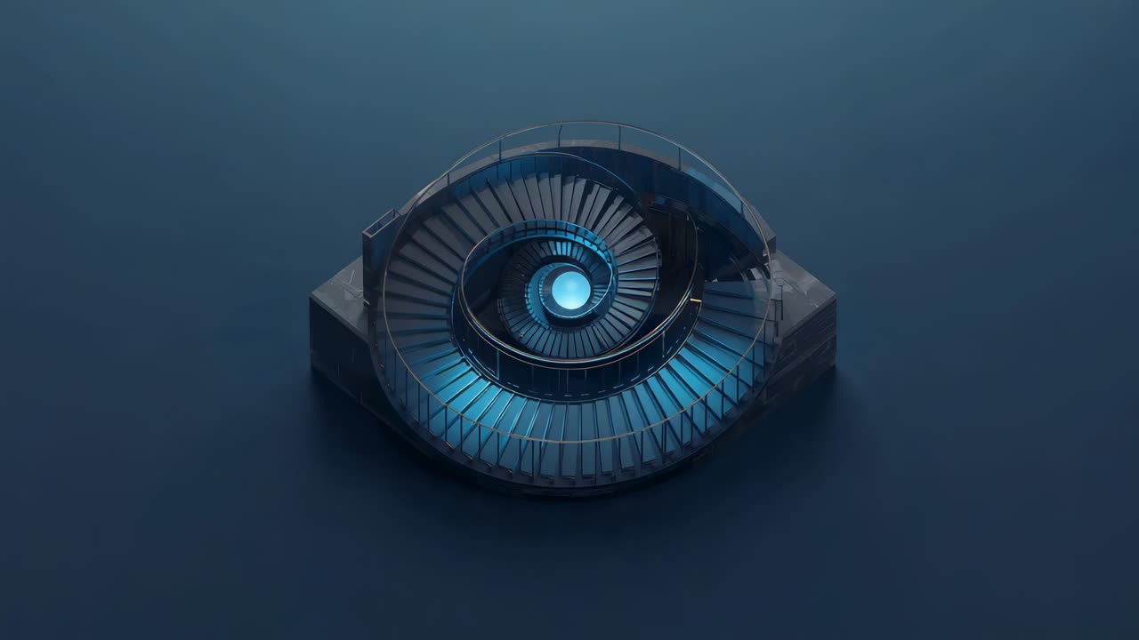 Unità a spirale rotante all'avvio, luce centrale blu pulsante in studio blu scuro con protezione, ringhiera