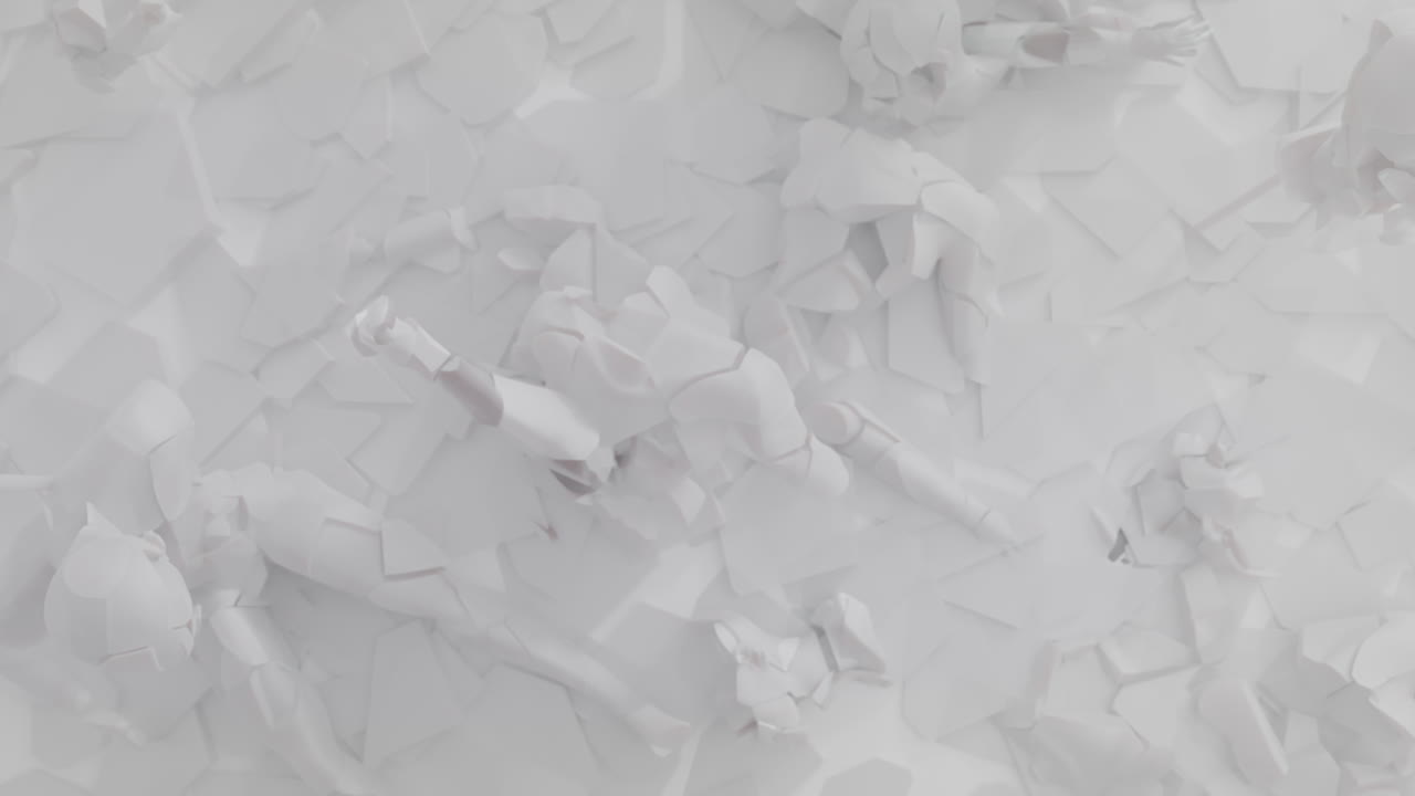 White, crushed android body parts on a foggy junkyard