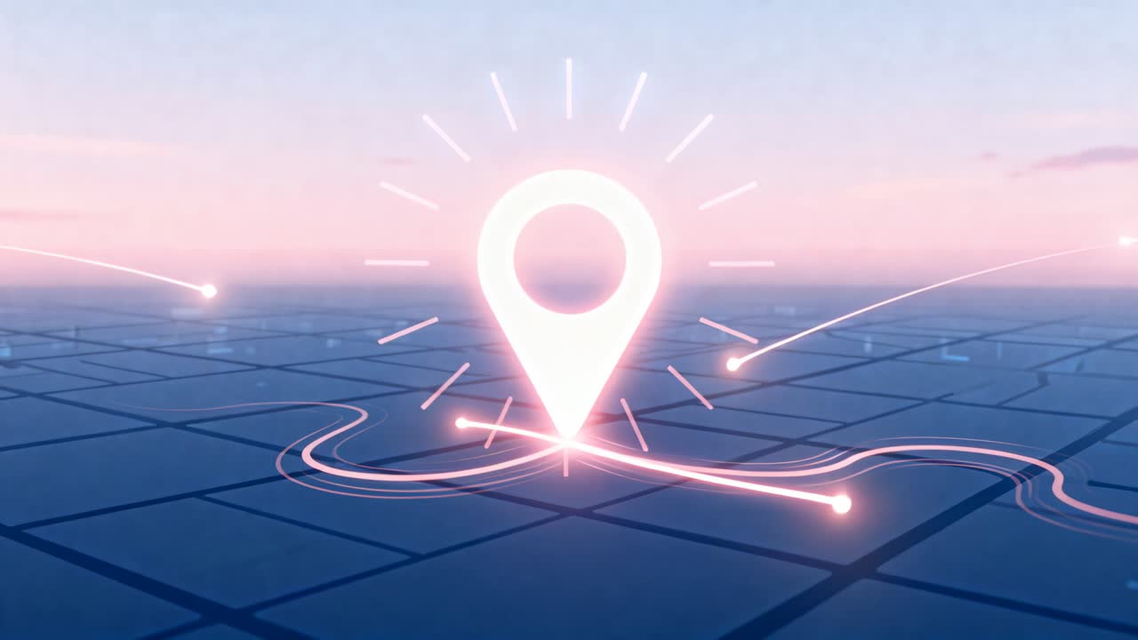 Emerging glowing map pin pulsing and flaring on grid while converging light trails signaling link